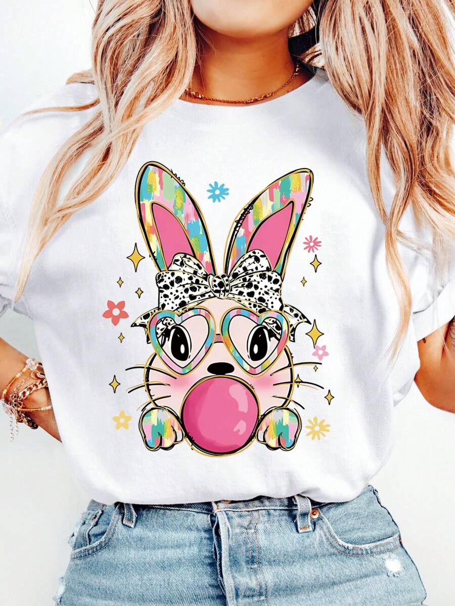SHEIN LUNE Plus Size Women Cartoon Rabbit Print Round Neck Short Sleeve Casual Loose T-Shirt
