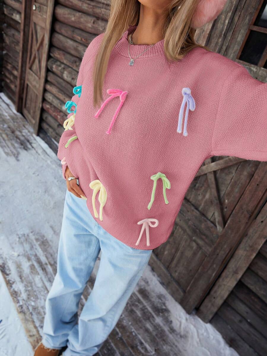 Aveloria Affinna Maglione lento donna alla moda e colorato con decorazione a fiocco, design di stile, maglione oversize