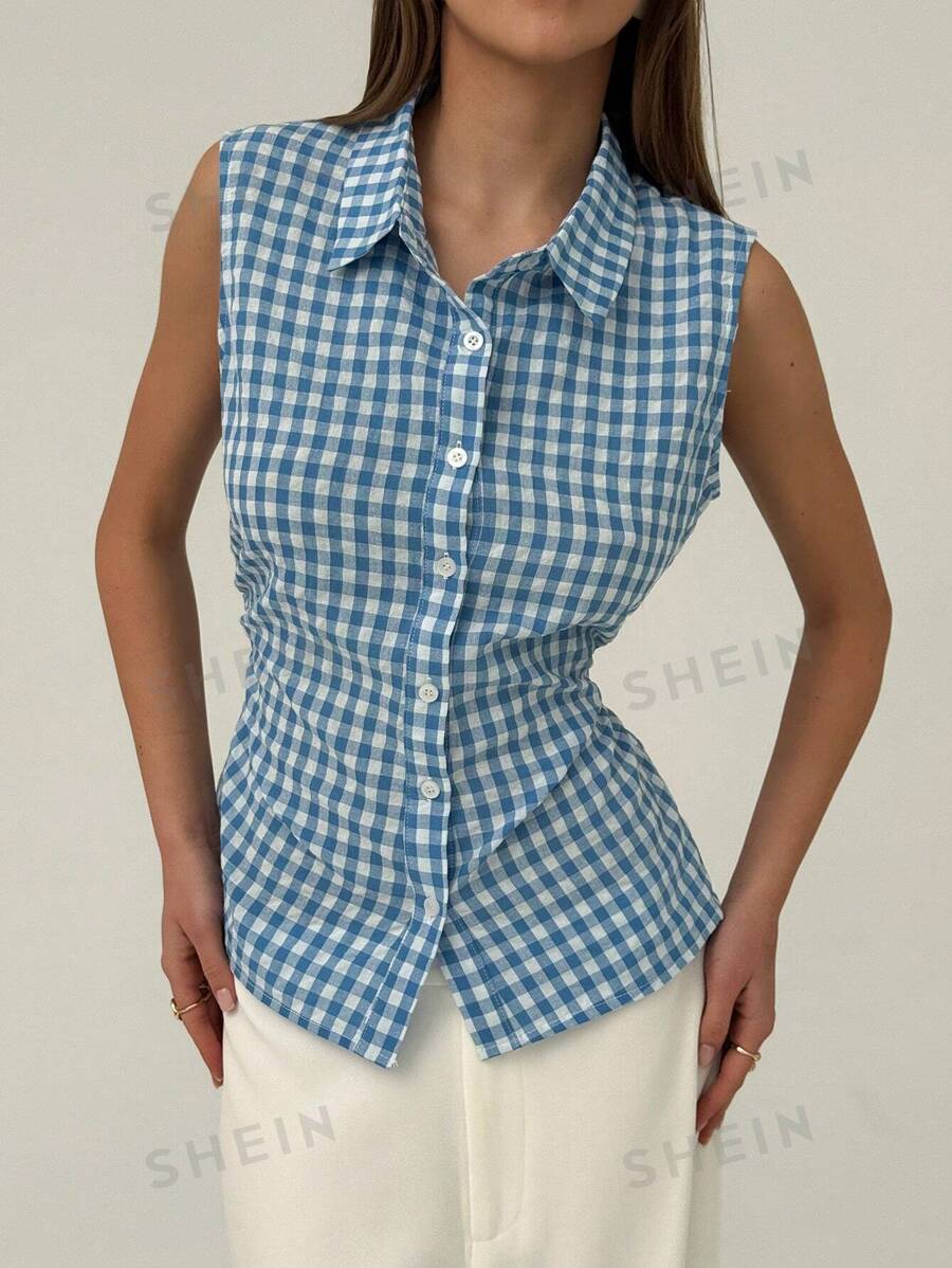 Aloruh Camisa de mujer casual/de trabajo sin mangas a cuadros