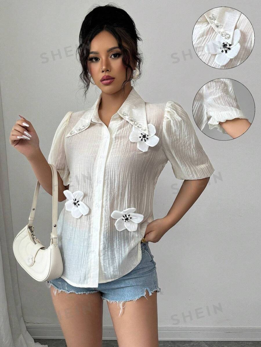 Elenzga Blusa de botones con mangas abombadas y diseño floral 3D elegante y de moda para mujer, ropa de resort para mujer