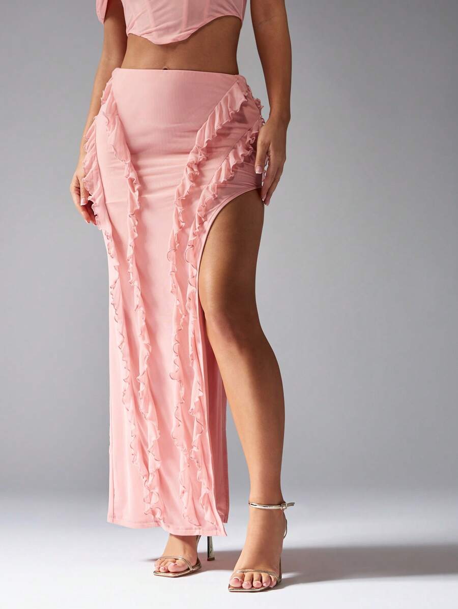 MISSGUIDED Ruffle Mesh Split Maxi Skirt Layered Design High Waist Long Flowing Dance PerFormance Ballet Inspired Ethereal Overlay Elegant Evening Occasion Wear