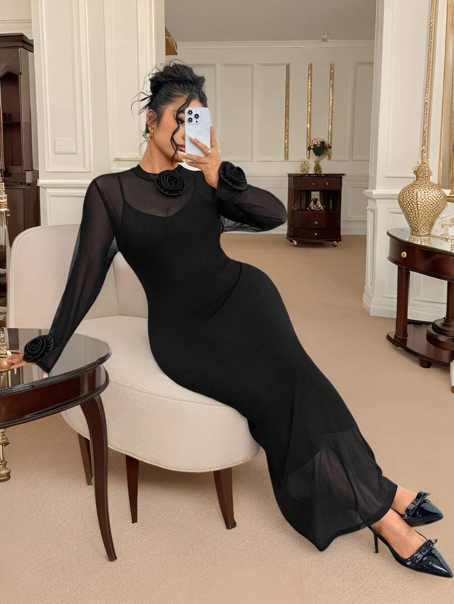 Modelyn Vestido ajustado de malla con cuello redondo y manga larga con decoración floral 3D para mujer de talla grande