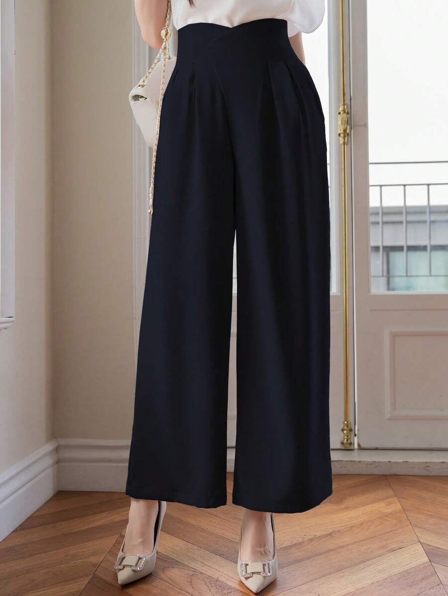 DAZY Women High Waist Pleated Loose Solid Color Wide Leg Pants Work Women Clothes