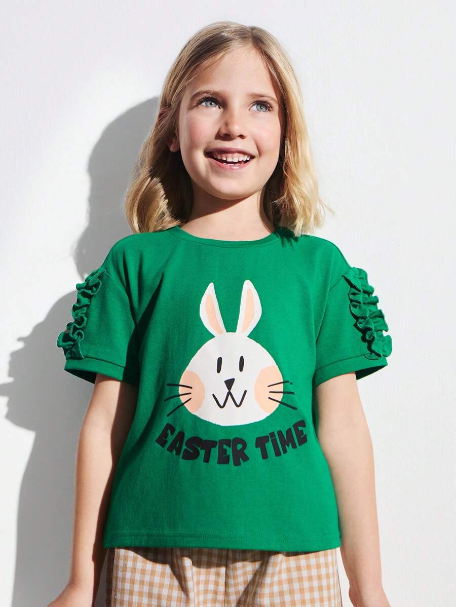 THE HAPPY LOOK Camiseta ajustada con cuello redondo, mangas con volantes y estampado de conejo linda para niñas, estilo adorable de Pascua