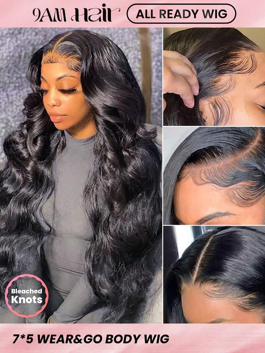 ALL READY WIG 180% Density Afforable Body Wave All Ready Wig Pre Bleached Pre Plucked Pre-Cut Lace Melting Lace Front 7x5 Glueless Closure Wig 100% Human Hair 9AM HAIR