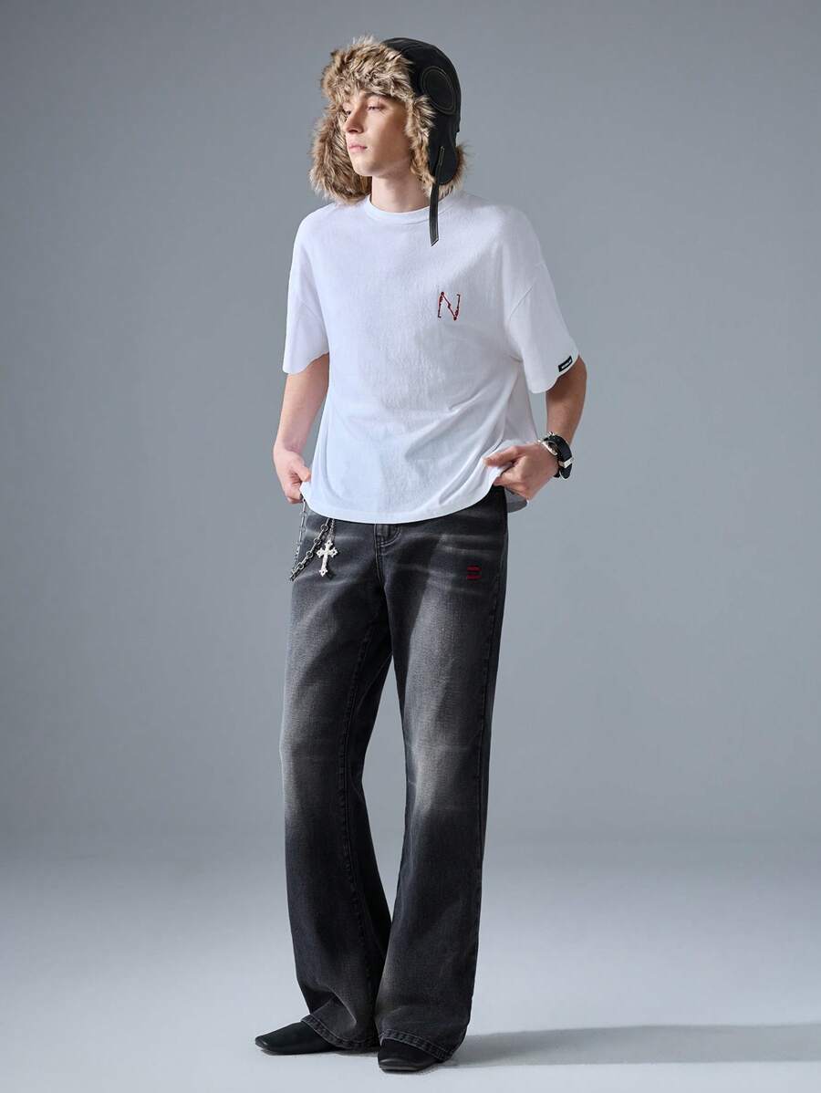 NEON BLANC Men's Street Style Embroidered Black Denim Long Pants