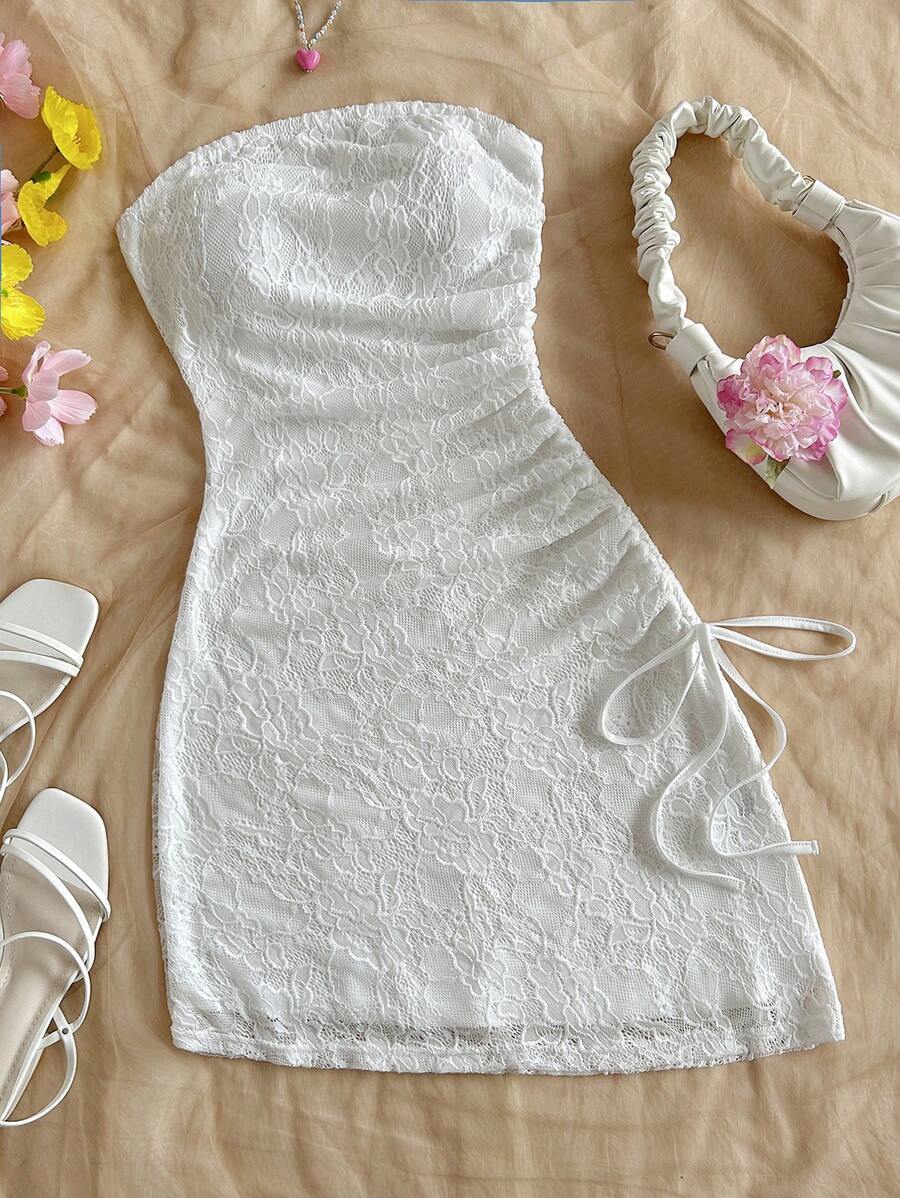 Soleia Women's Resort Knitted White Lace Fabric Mini Dress, Asymmetrical Hem, Drawstring Waist, Sexy Party & Date Outfit, Suitable For Valentine's Day