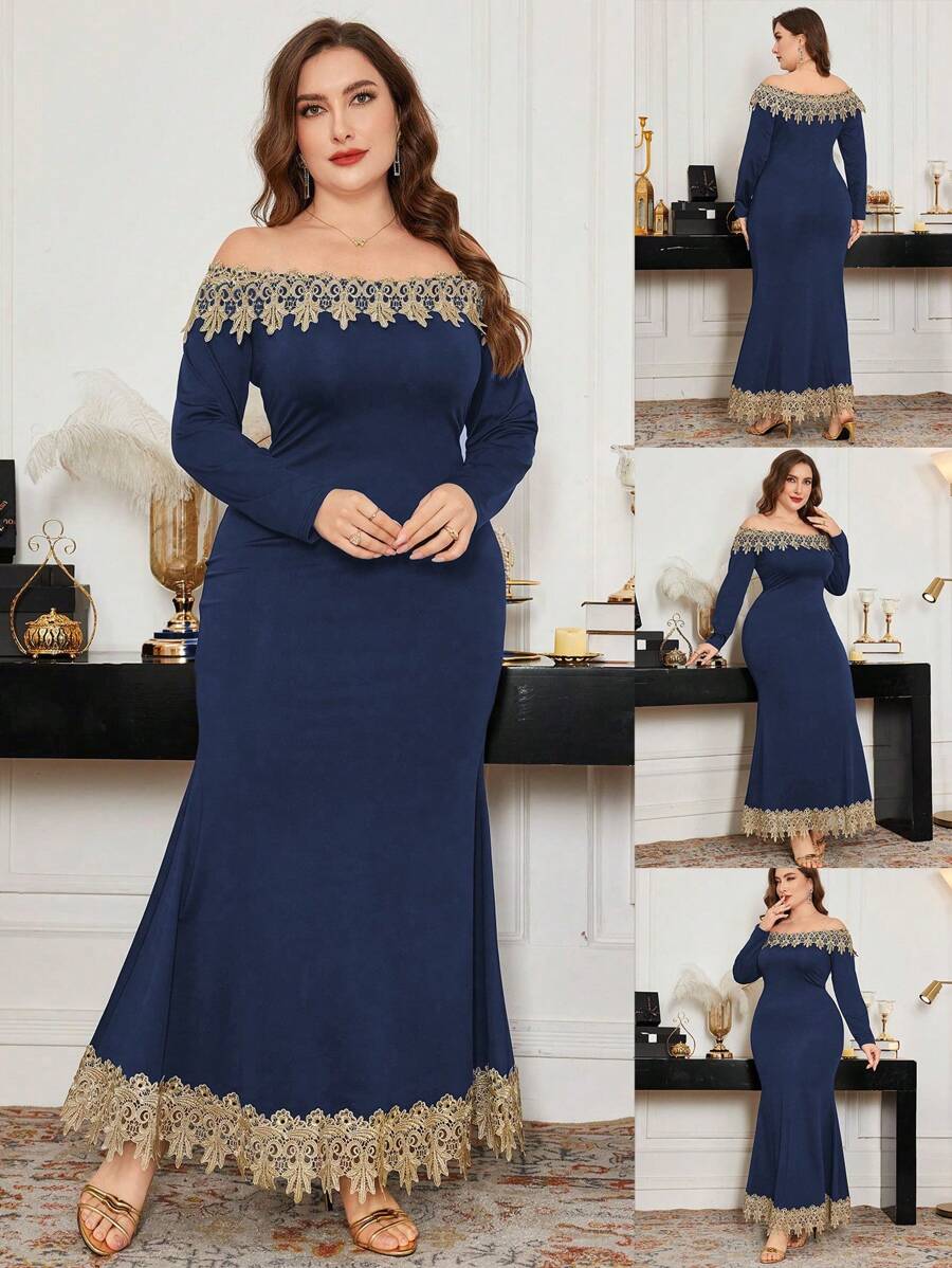 Modelyn Plus Size Elegant Party Lace Trim Off Shoulder Fishtail Dress