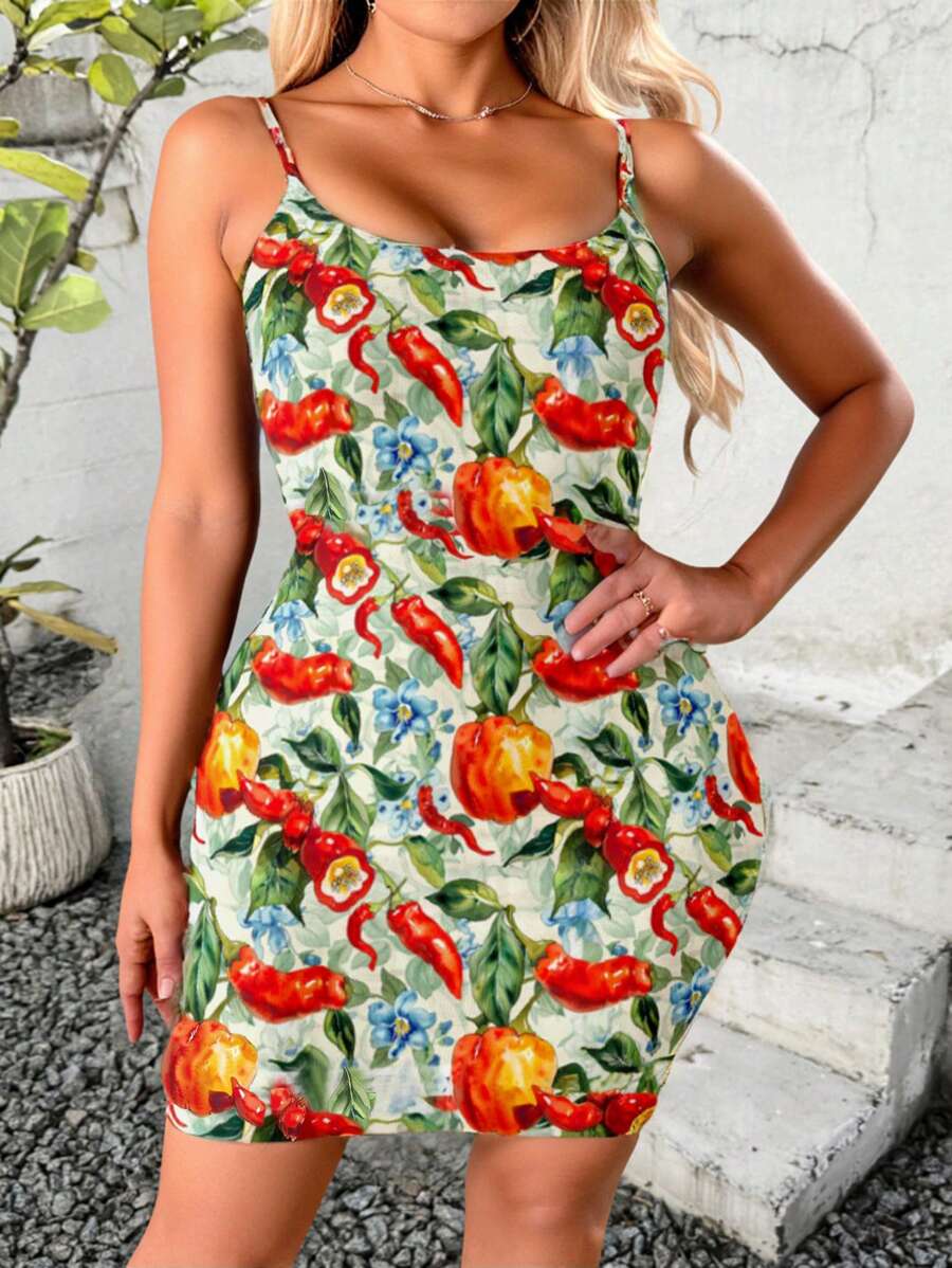 INAWLY Fashionable Sleeveless Floral & Chili Pepper Print Backless Spaghetti Strap Cami Dress, Sexy For Party And Nightout, Spring/Summer