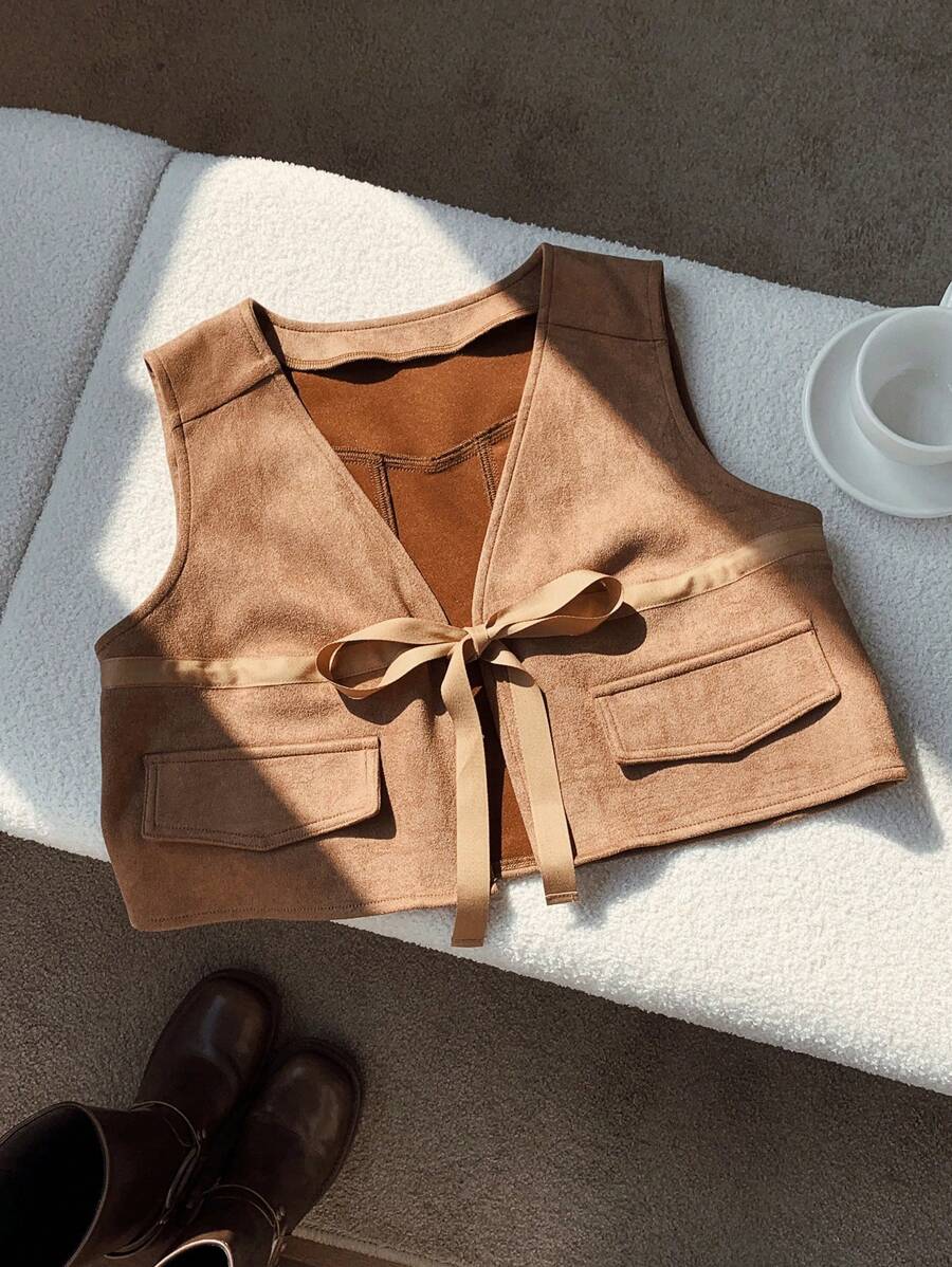 SHEIN EZwear Veste de gilet casual pour femmes avec décoration de nœud en couleur unie