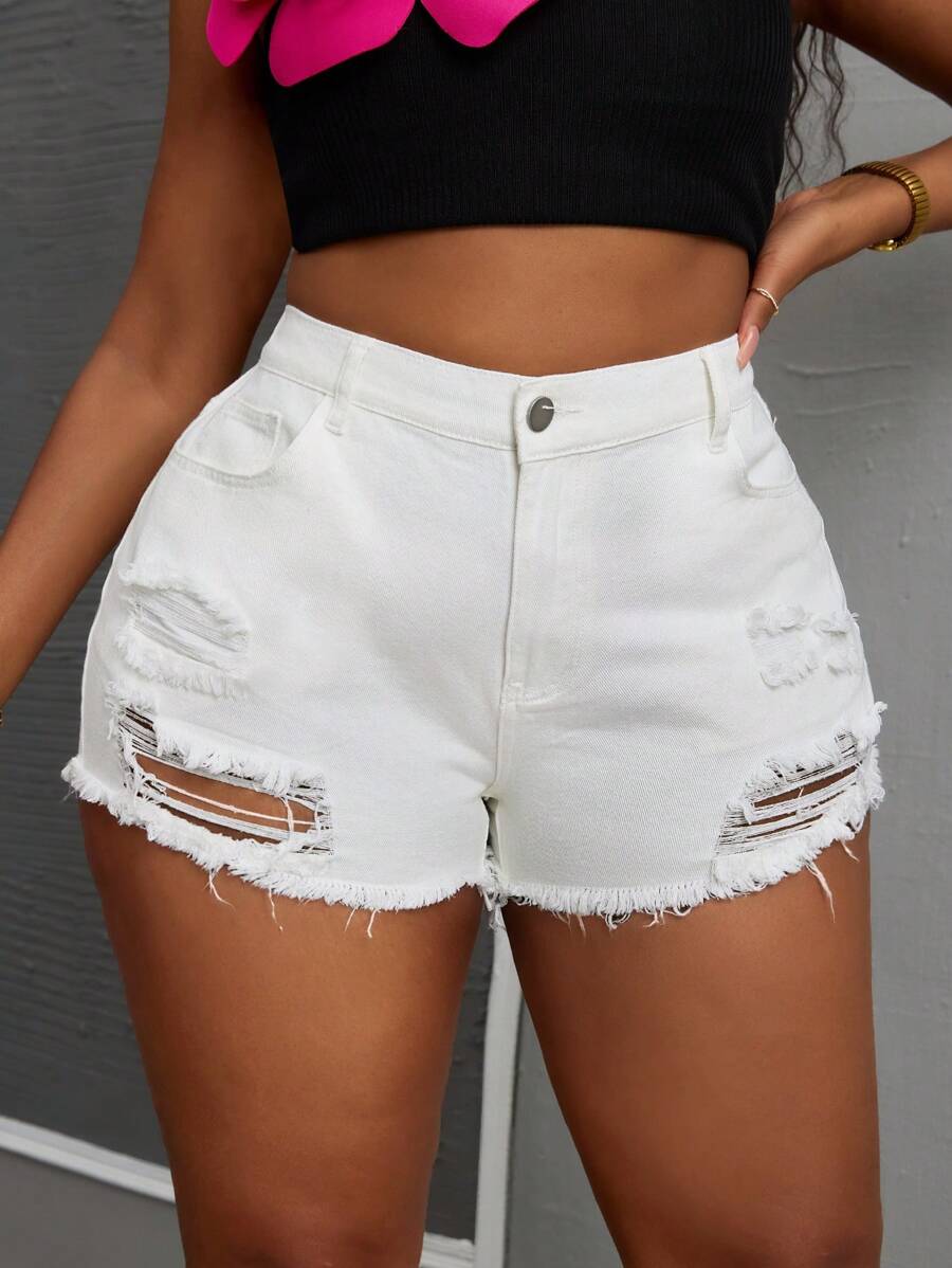 SHEIN SXY Plus Size Women Distressed Pockets Raw Hem Casual Denim Shorts