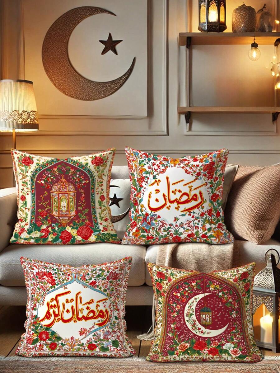 4pcs Ramadan Kareem Party Decoration Moon Lamp Lantern Lights Floral Pillow Covers Green Red Blue Beige Velvet Cosy Soft Pillowcases One Sided Printing For Living Room Bedroom Sofa Bed Decor Without Pillow Inserts