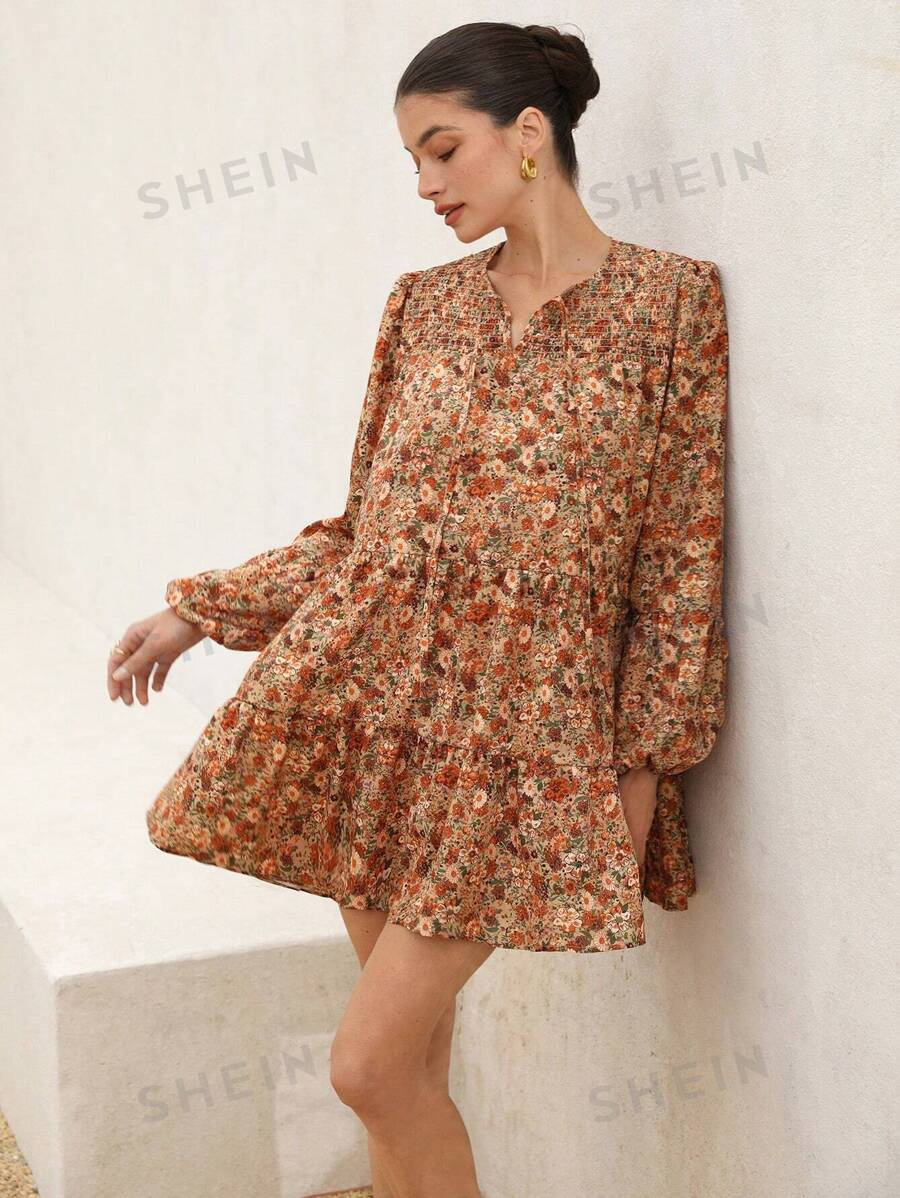 Aveloria Rosie Elegante vestido estilo bohemio para vacaciones con estampado floral, cuello redondo, diseño con cordón, mangas farol, volantes en el bajo y estilo midi para mujer, moda de playa boho y de con estampado todo sobre