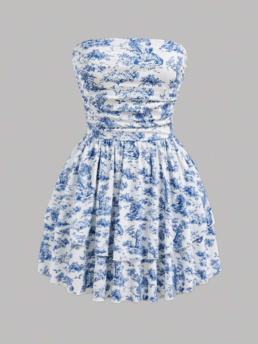 SHEIN EZwear Women All Over Print Mini Bandeau Dress, Casual Vacation