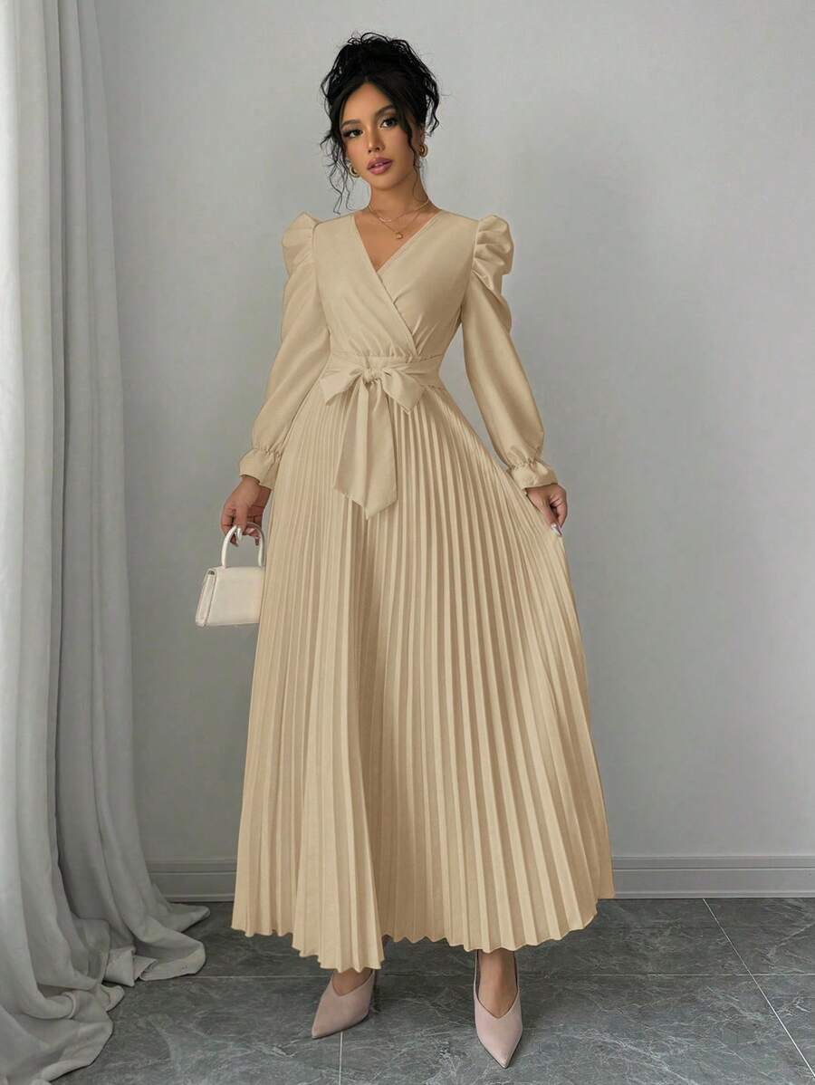 Calvaya Robe longue simple à col en V, manches bouffantes, plissée, de couleur unie, pour automne, tenue maxi pour femmes