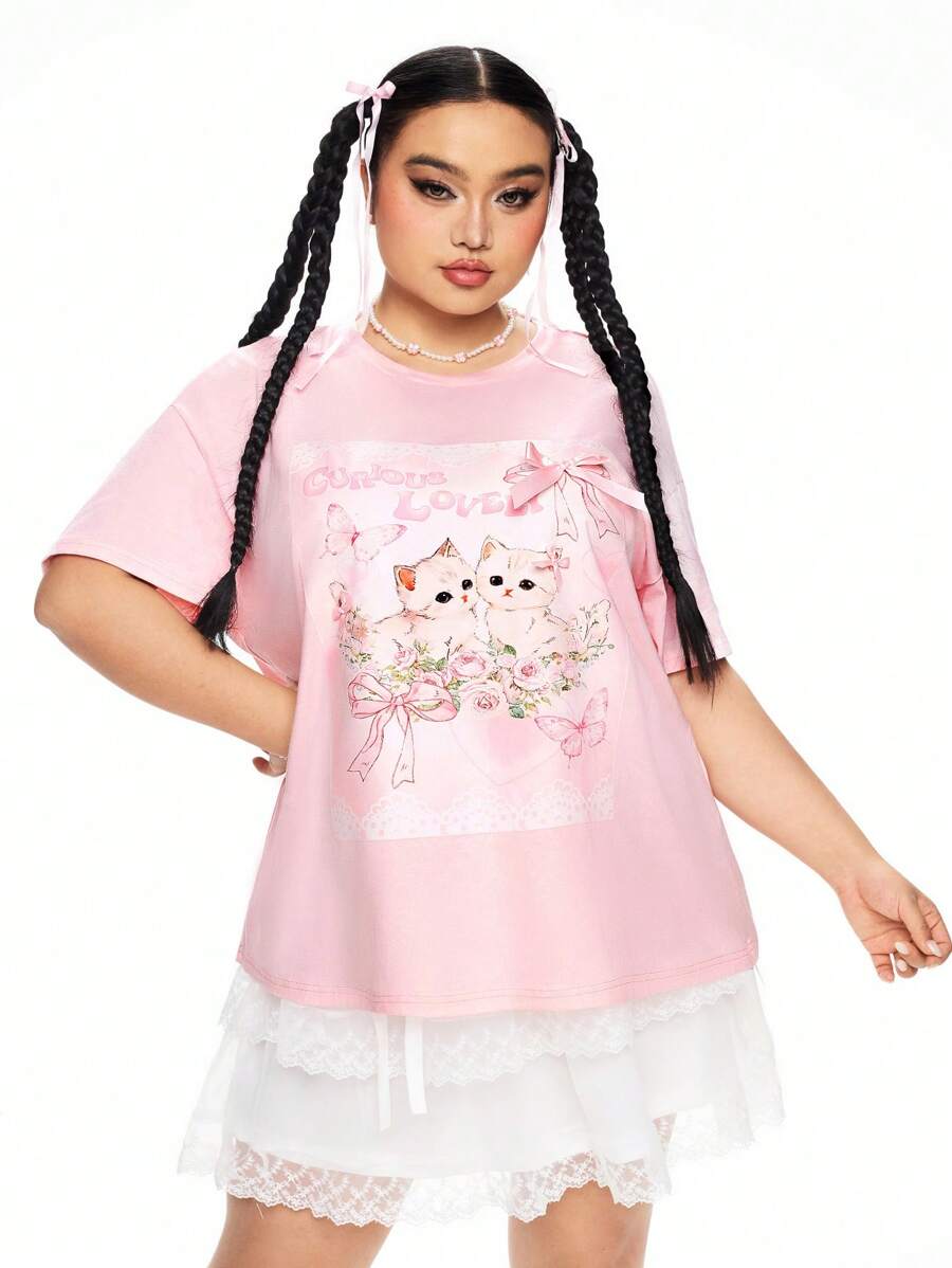 ROMWE Kawaii Plus Size Vrouwen Schattige Kattenprint 3D Strik Plus Size T-shirt