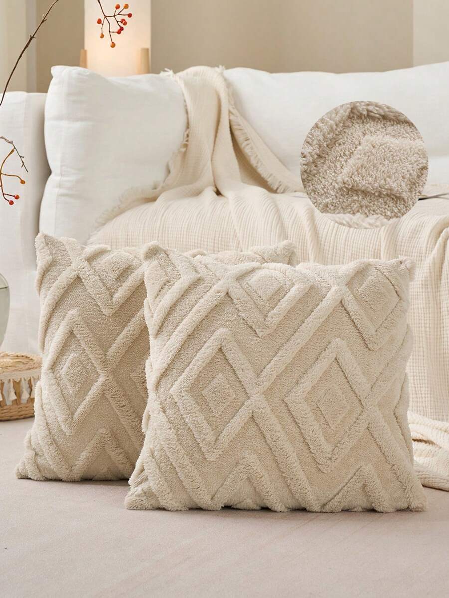 Set van 2 imitatiebont crème witte sierkussenhoezen 18x18, zacht geblokt patroon decoratieve boho kussensloop hoes kussenhoes voor bank bank bed woonkamer boerderij, modern accent