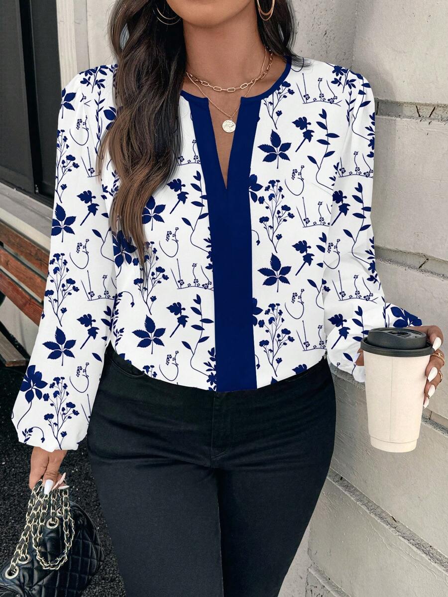 SHEIN Clasi Casual Retro Bloemenprint Ronde Hals Lange Mouw Plus Size Shirt, Geschikt Voor Lente/Zomer