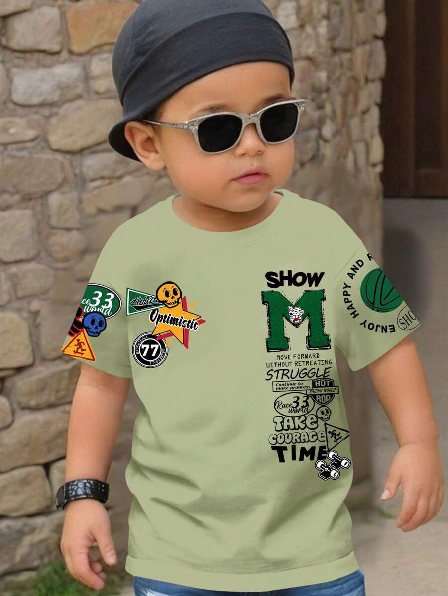 SHEIN Young Boy Casual Simple Round Neck Short Sleeve Loose T-Shirt, Suitable For Summer