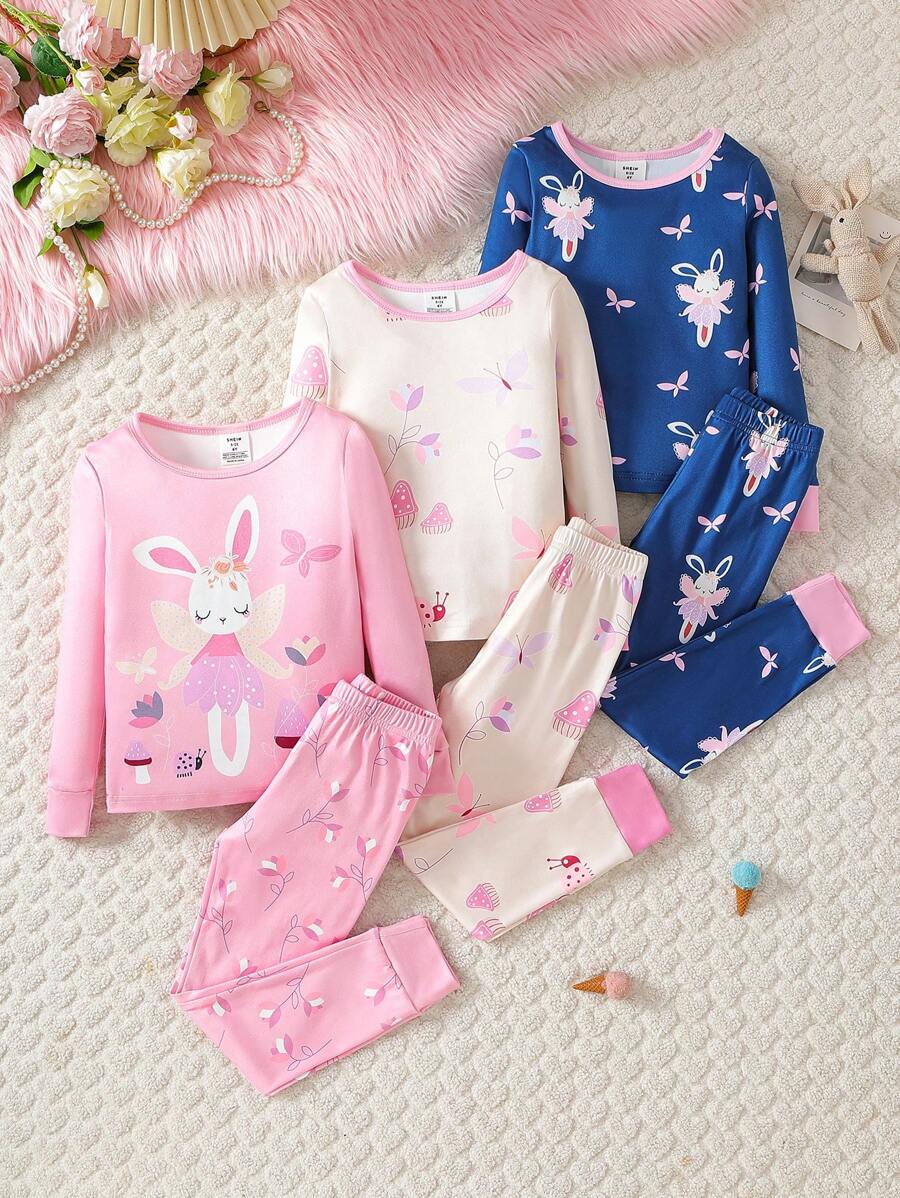 Set de 3 piezas de pijama para niña, con estampado de vida marina por todas partes, ajustado, cuello redondo, manga larga y pantalón largo, conjunto de prendas de dormir