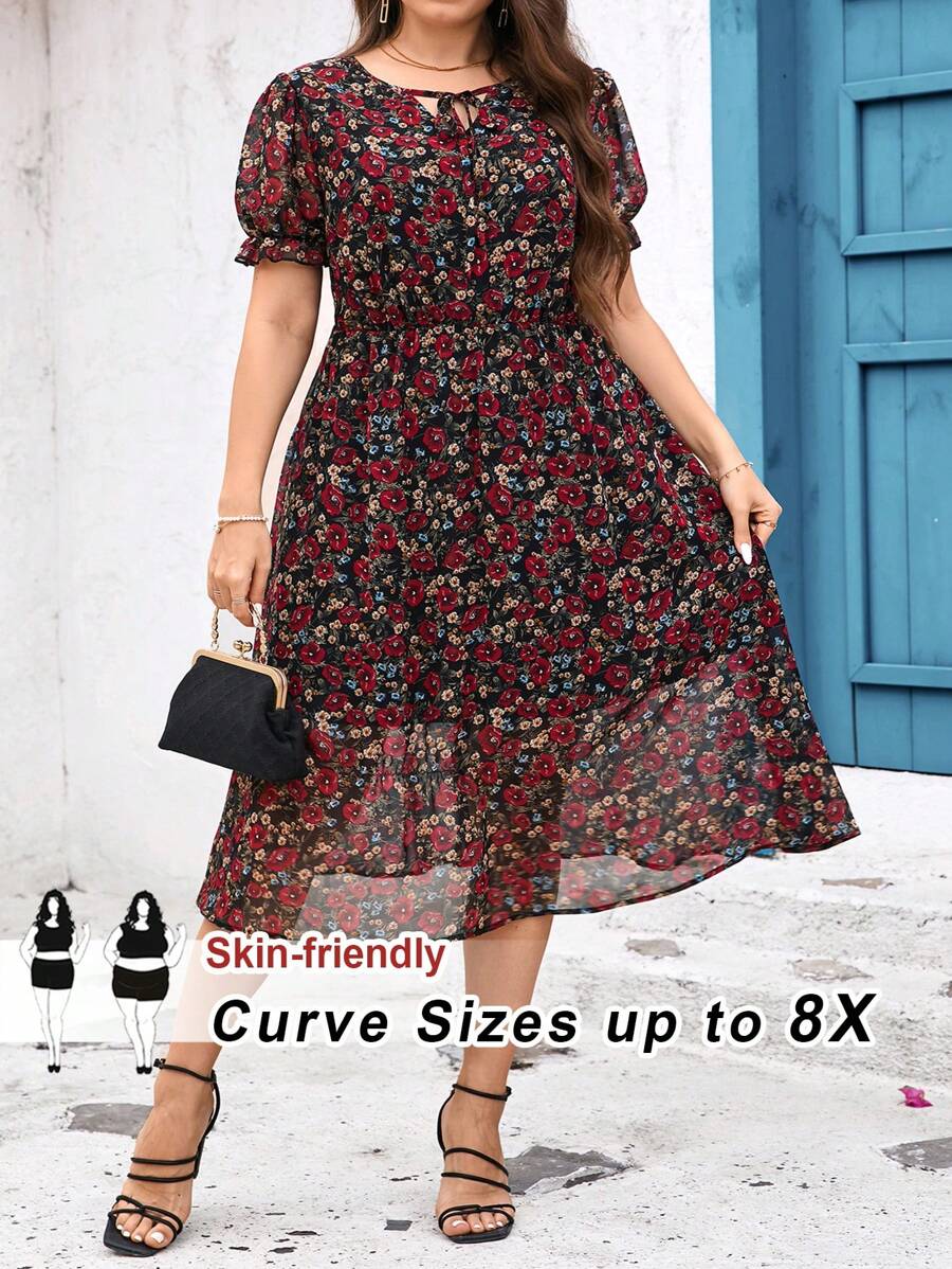 SHEIN CURVE+ Large Print Tie Collar And Waistband Summer Dress, Vacation Dress Boho Vacation