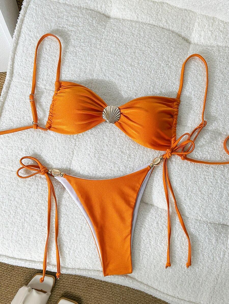 Swim Chiccia Ensemble de bikini 2 pièces pour femmes avec Top sans bretelle et sans fil décoré de coquillages et short à nouer sur les côtés, tenue d'été pour la plage