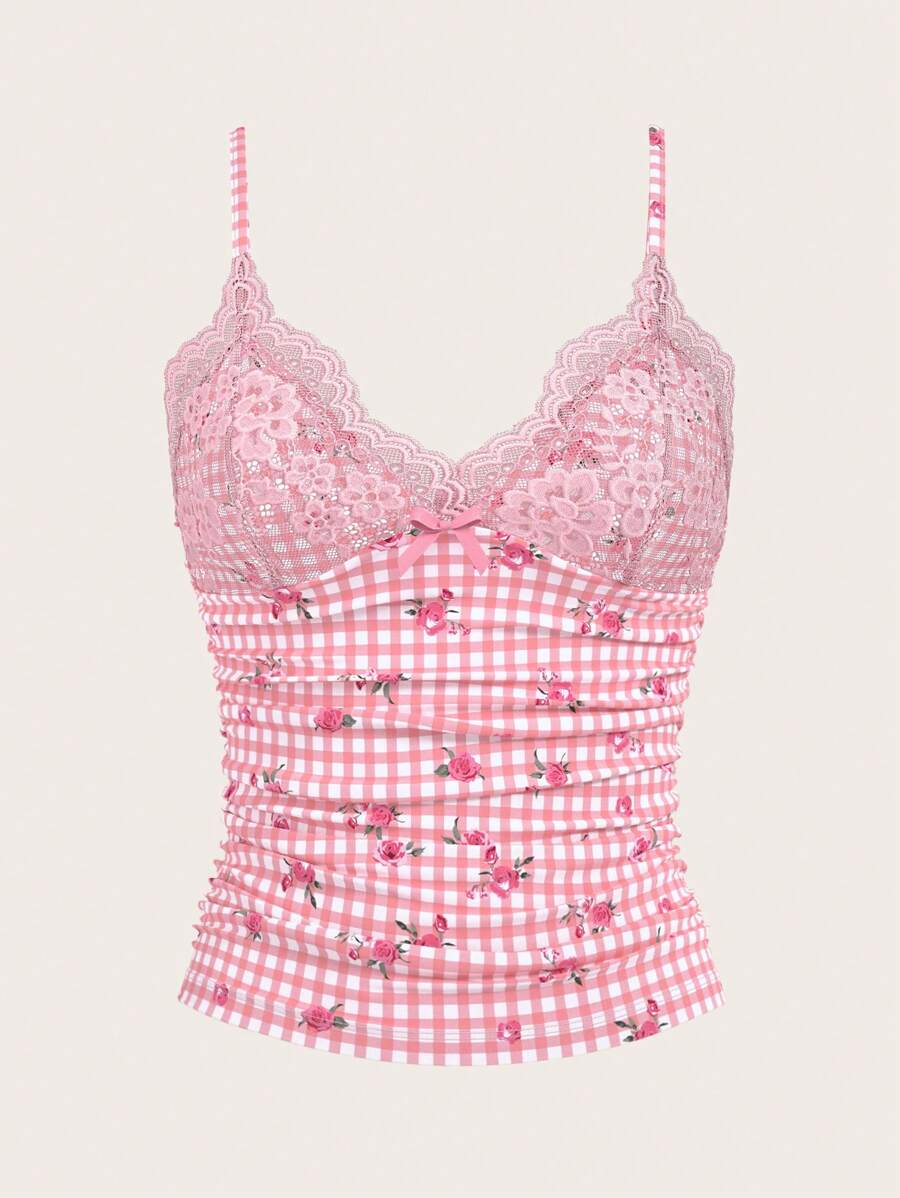 Sweetina Conjunto de primavera para mujer top de tirantes con parches de encaje y estampado floral, casual y de moda para uso diario