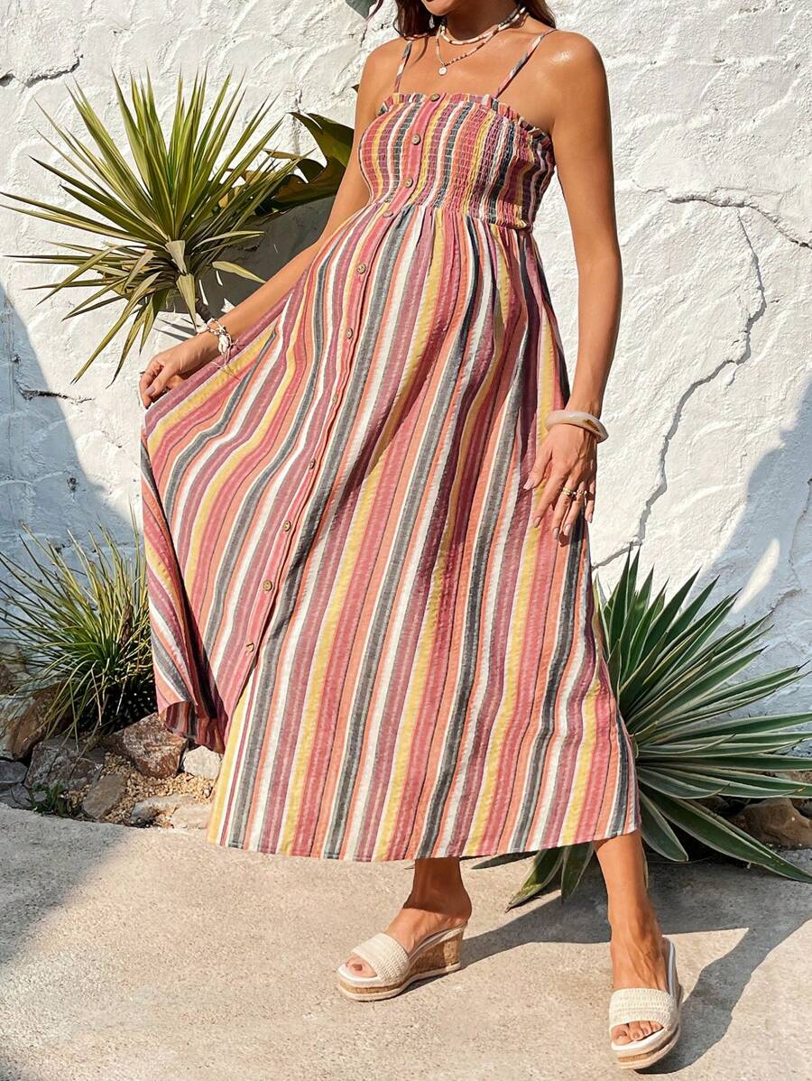 SHEIN Colorful Striped Smocked Sun Dress, Long Beach Dress For Maternity