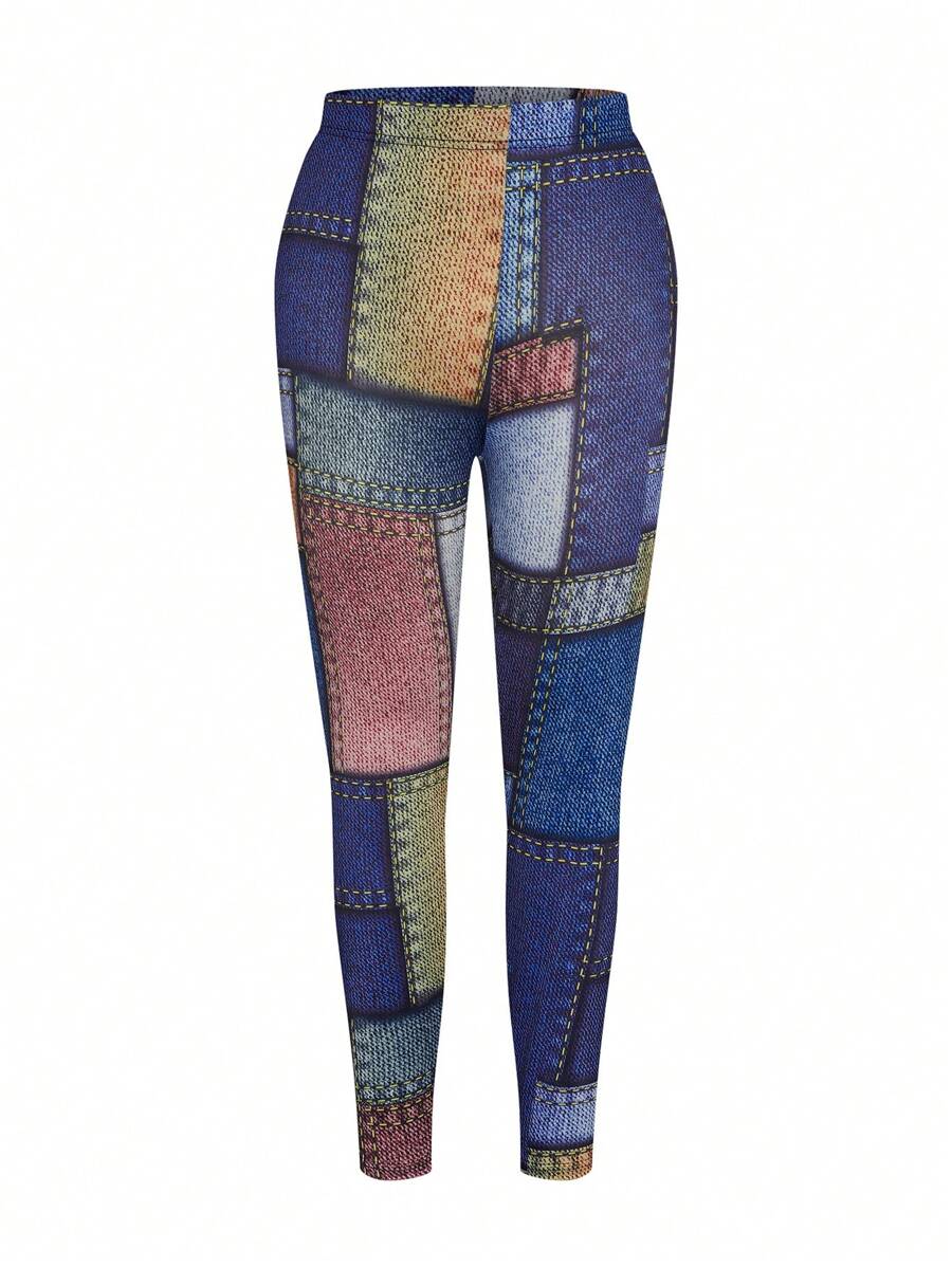 SHEIN LUNE Plus Size Women Casual Fashion Denim Effect Leggings