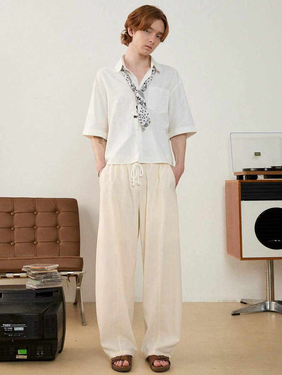 SWAVVY Standard Size Men's Casual Loose Silhouette Patch-Work Drawstring Waist Fabric Vintage White Spring/Summer Trousers