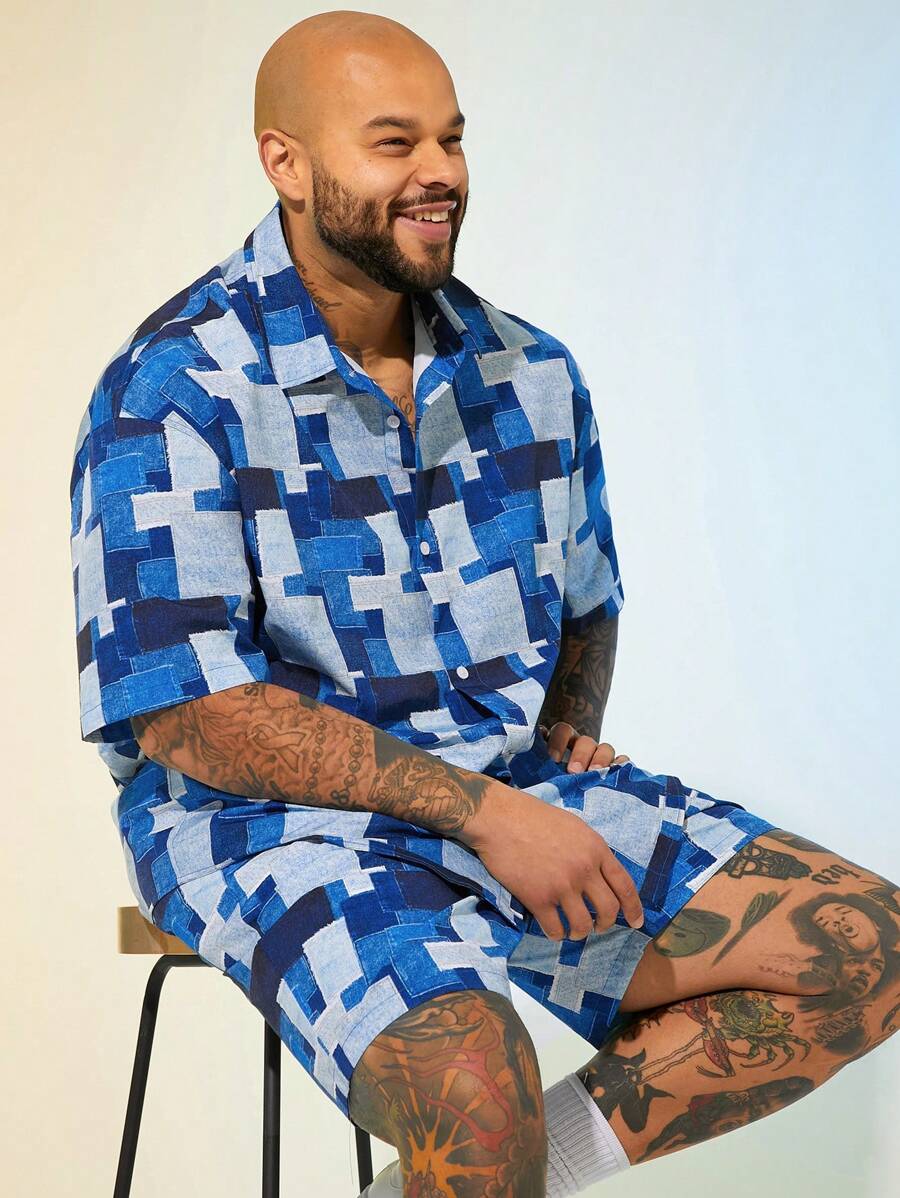EASEVO Plus Size Men Loose Woven Shirt And Shorts Set