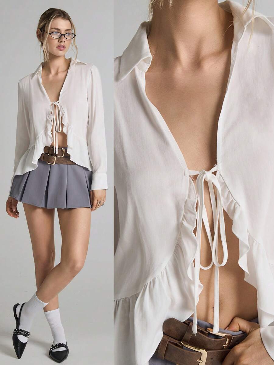 Easelle Witte geweven damesblouse met lange mouwen en ruches aan de voorkant