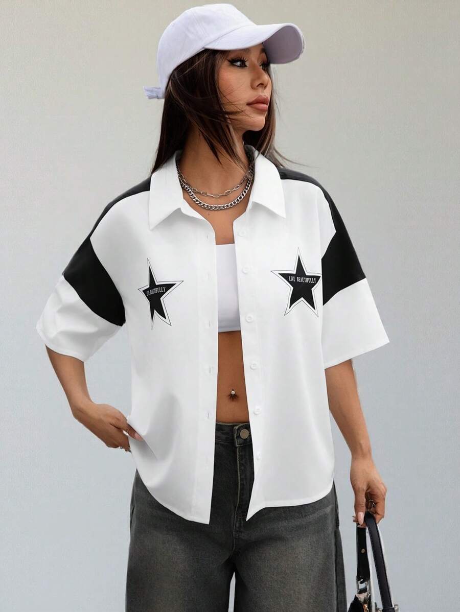 Flirla Nouvelle chemise femme style mode couleur contrastée imprimé étoile