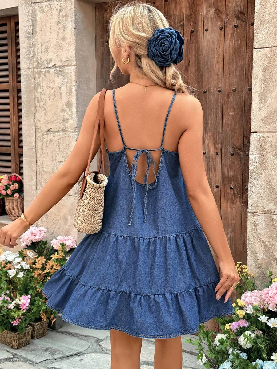 SHEIN Vestido con volantes de peplum sin mangas de maternidad de vaquero azul, apto para primavera/verano, vacaciones, verano azul, atuendos de vacaciones para mujer, Pascua, primavera, estilo occidental, atuendos de oficina para mujer, atuendos de fiesta, vestido de baby shower, estilo campestre, vestidos elegantes para mujer, vestido de playa, vestido de graduación, vestido de vacaciones, vestido de Pascua, vestido de verano, vestido sin espalda, regalo para el Día de la Madre/Mamá/Madre/Mami/Día de la Madre/Mamá