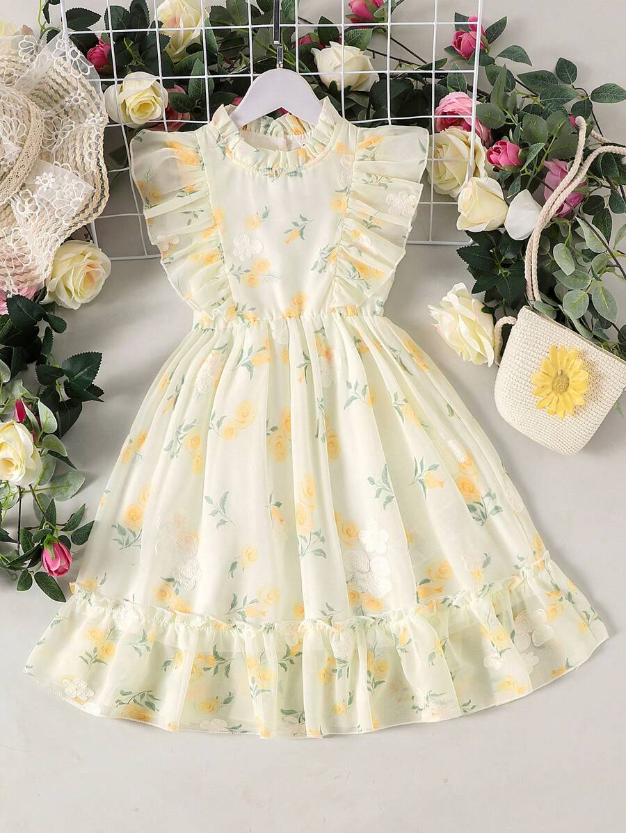 Glamorique Kids Vestido sin mangas con cintura bordado en amarillo para niña, cómodo y ligero para el verano, hermoso y lindo
