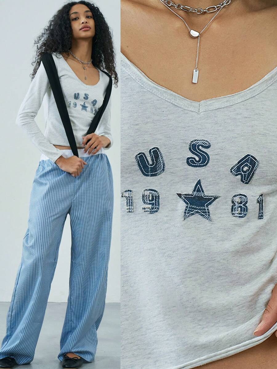 Easelle Spring/Summer Going Out Light Grey Letter & Number Print Embroidered Knit Fitted Women's T-Shirt