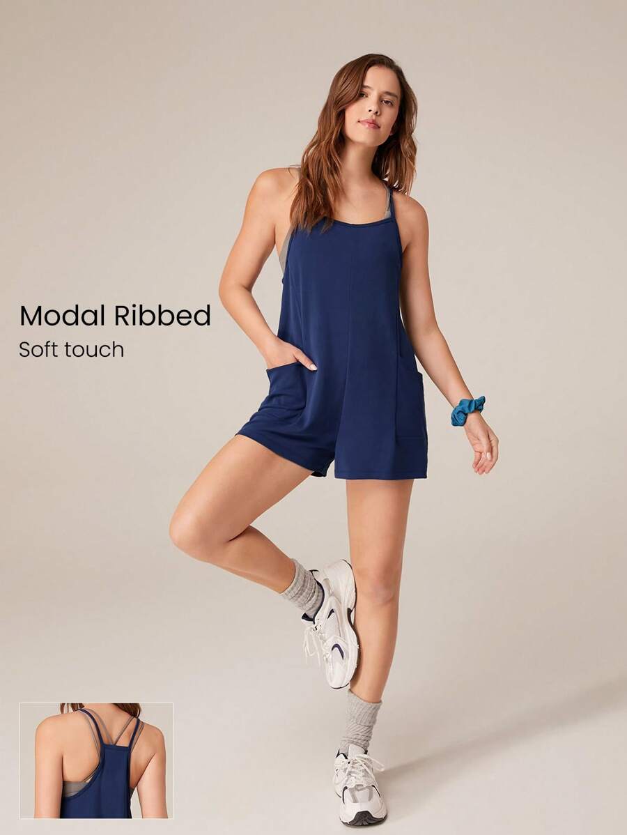 GLOWMODE Modal Ribbed Easy Move Spaghetti Straps Romper Jumpsuit With Side Large Pocket Daily Casual Spring Summer