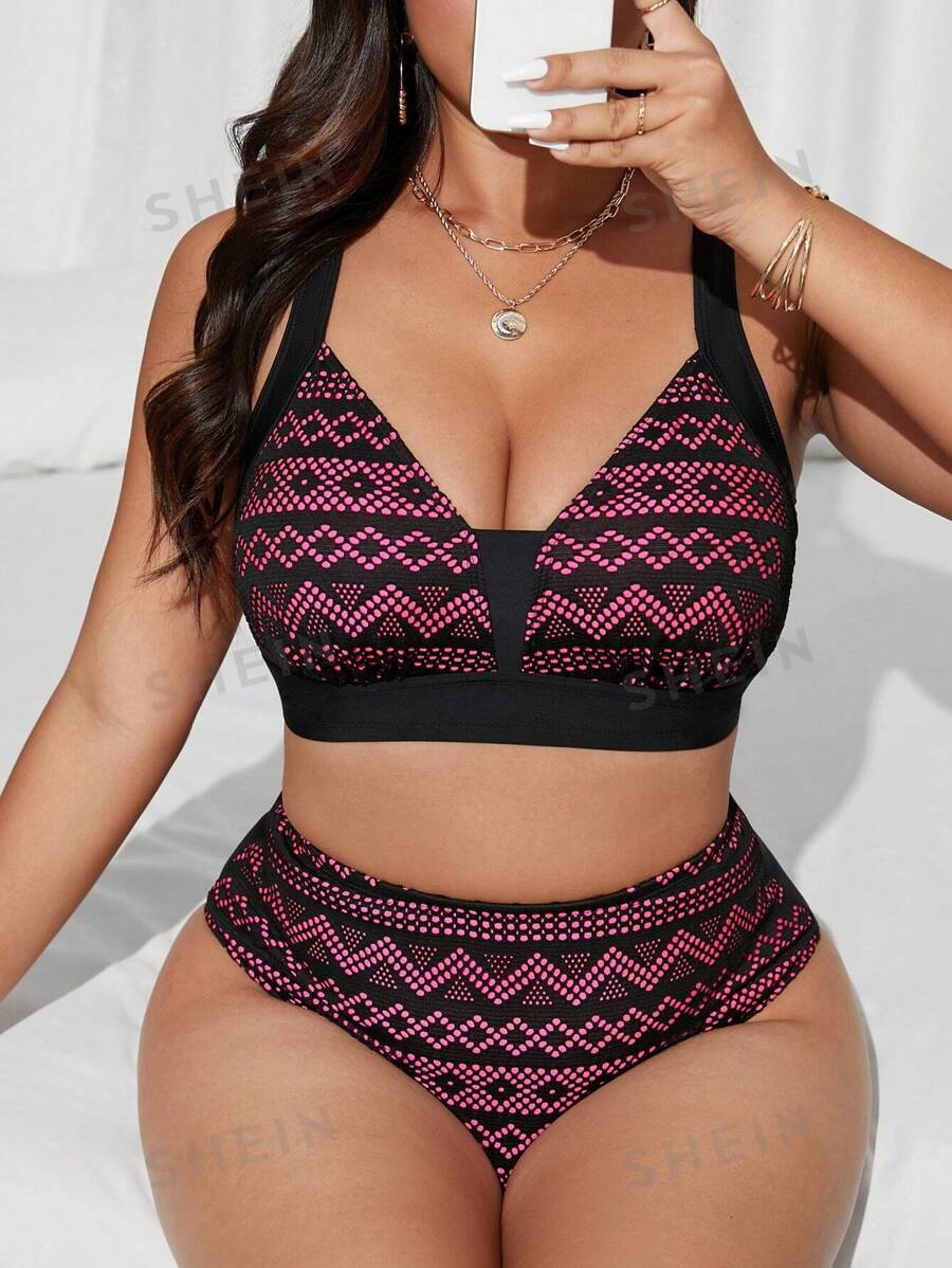 SHEIN Swim Curve Bikini de 2 piezas para mujer de talla grande con sujetador de tirantes anchos y bloques de color, y pantis de tiro alto, para playa/resort, vacaciones de verano