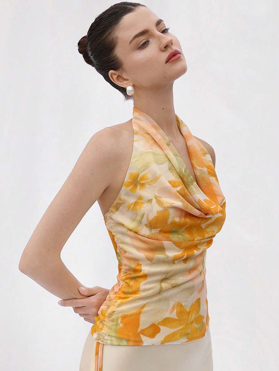 Aveloria Rosie Top de tirantes elegante estilo resort con cuello de escote barco, cintura fruncida con cordón, estampado de hojas coloridas en tela de malla