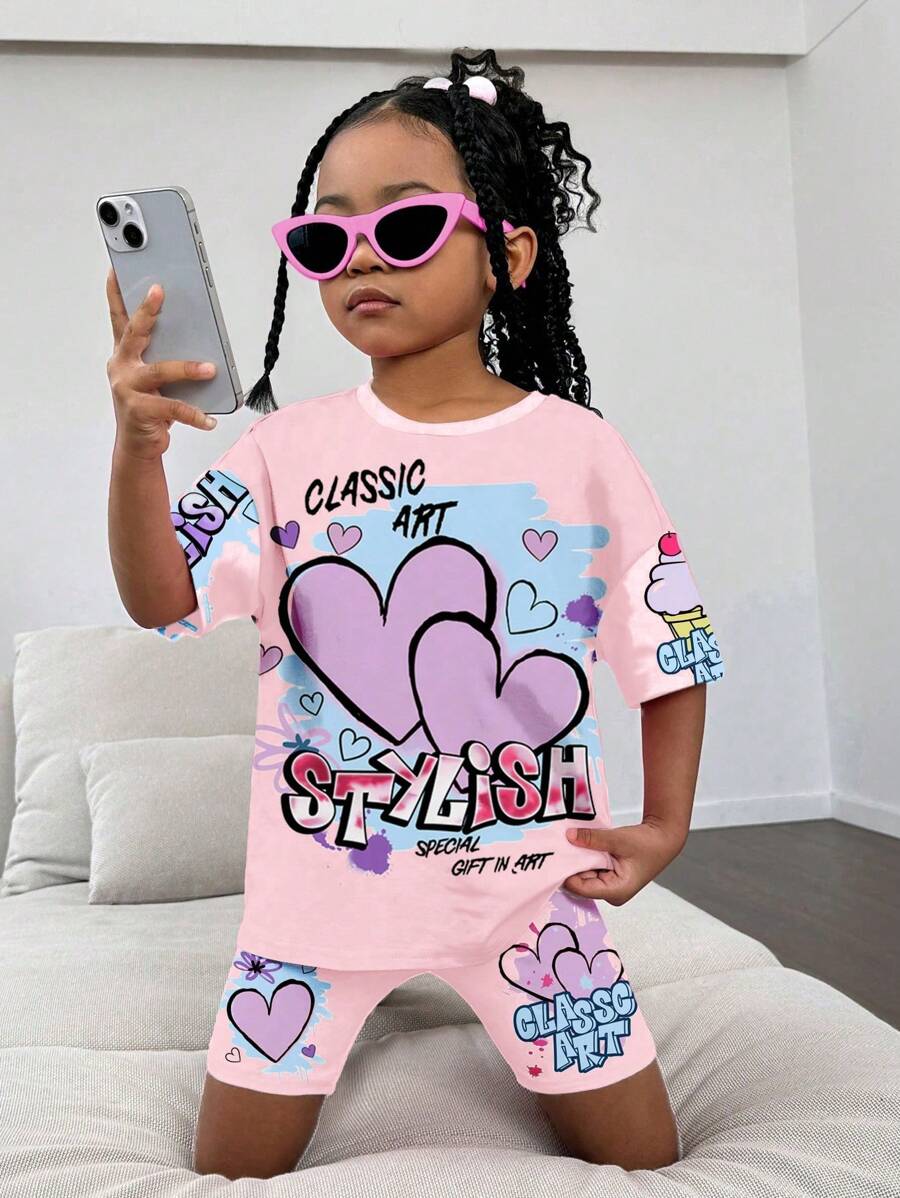 SHEIN Ensemble 2 pièces top à manches courtes et shorts style décontracté minimaliste pour jeunes filles, convient pour l'été