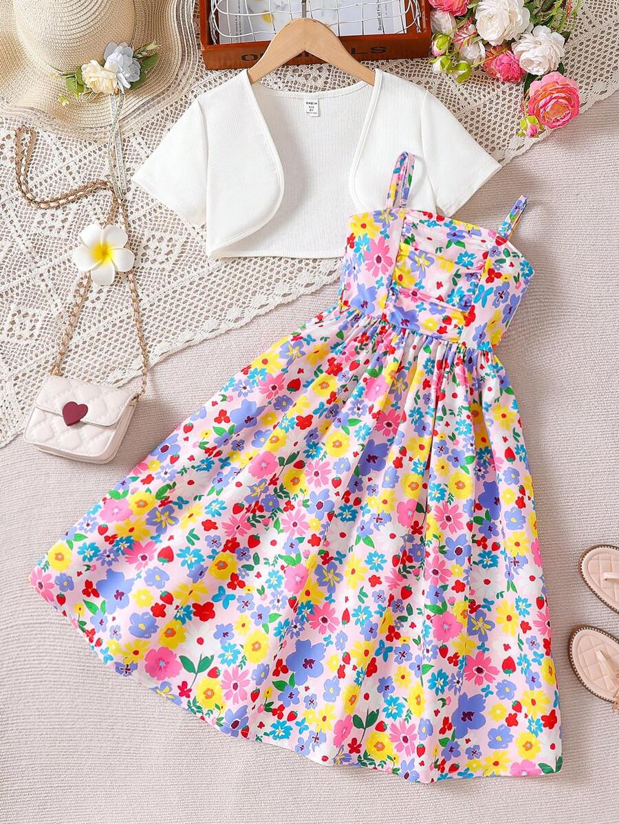 Vestido con tirantes largos con estampado de flores de dopamina para niña preadolescente, con chaqueta corta de color liso