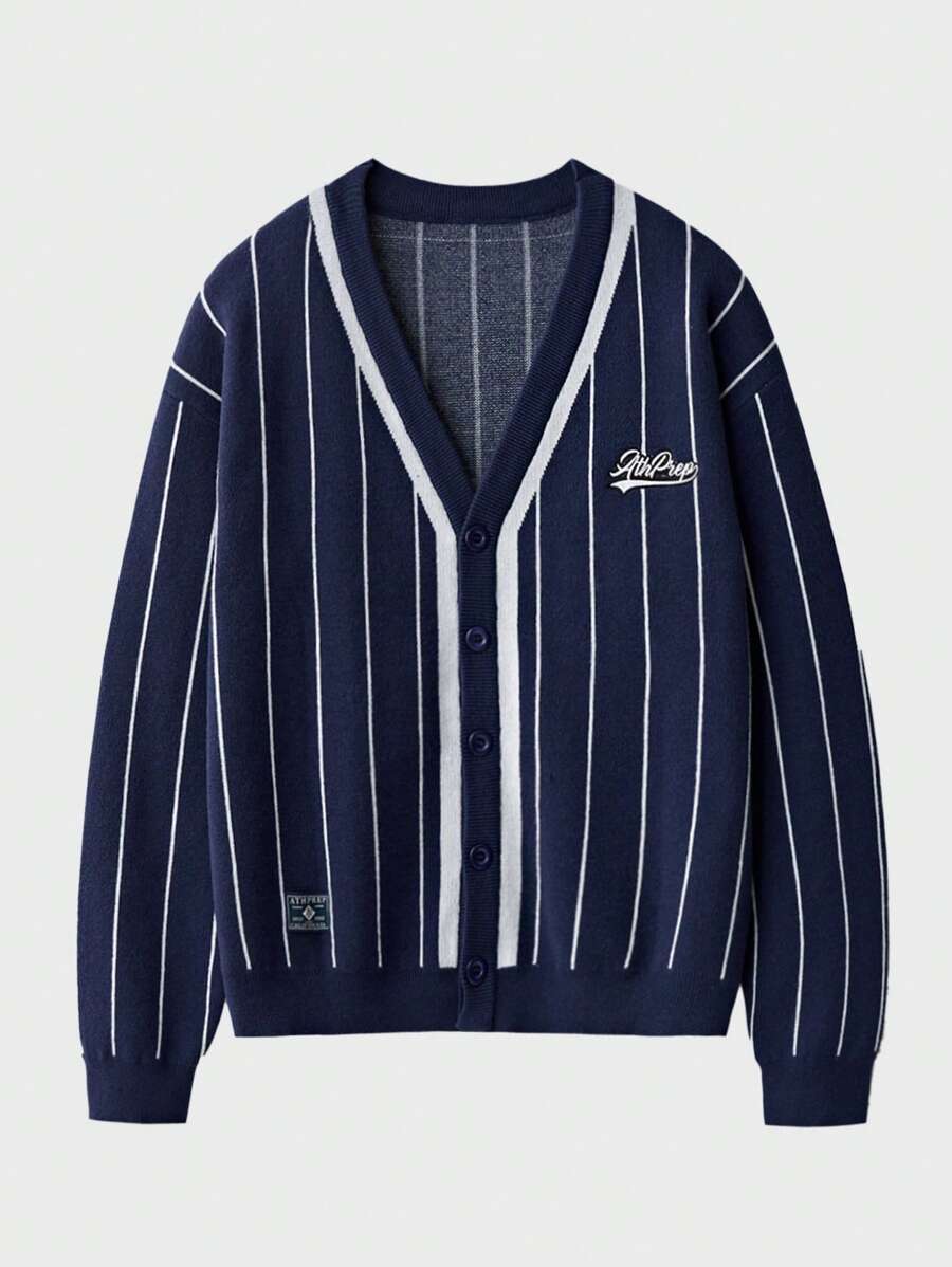 Manfinity Sporsity V-Neck Front Button Striped Print Long Sleeve Knit Cardigan