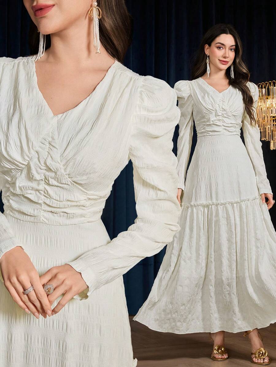 Modelyn Women's Elegant White Shirred Maxi Dress With Puff Sleeves And Ruffle Hem