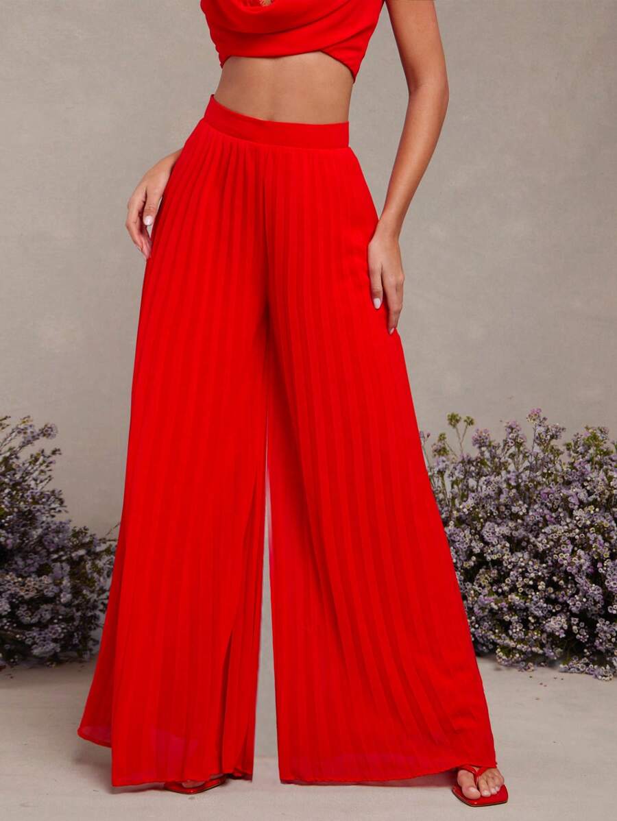 L'Amorae Fashionable Solid Color High Waist Wide Leg Pleated Pants