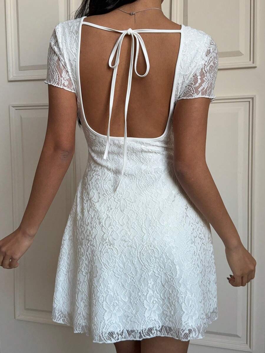SHEIN EZwear Women Summer Going Out Lace Back Cutout Mini Dress, White Short Sleeve Fashionable Daily