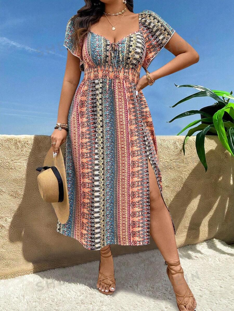 Breezaya Vestido casual de vacaciones con estampado y abertura lateral para mujer de talla grande