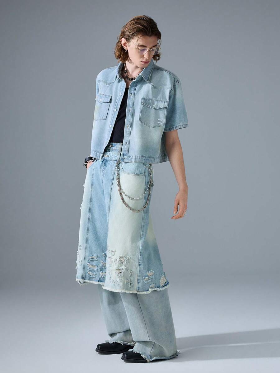 NEON BLANC Pantalones cortos vaqueros tejidos de corte ancho y holgado de moda urbana para hombres