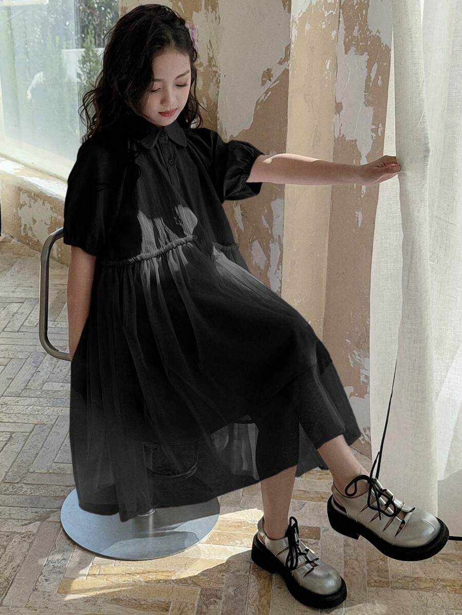DAZY Tween Girl Collared Short Sleeve Mesh Overlay Dress, Summer,Back To School Clothes