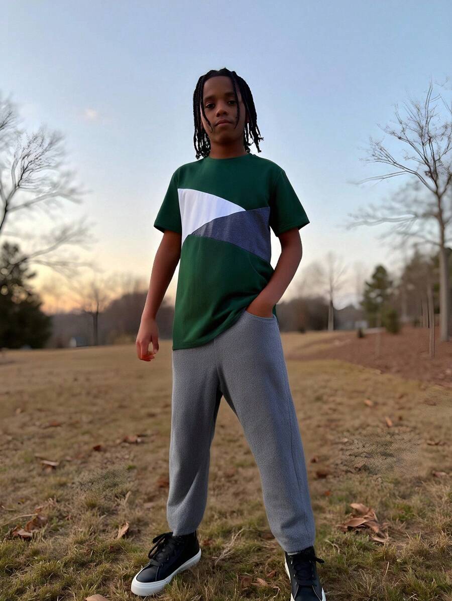 2 pièces/Set T-shirt à manches courtes col rond et pantalon pour garçon ado, style minimaliste pour porter au quotidien