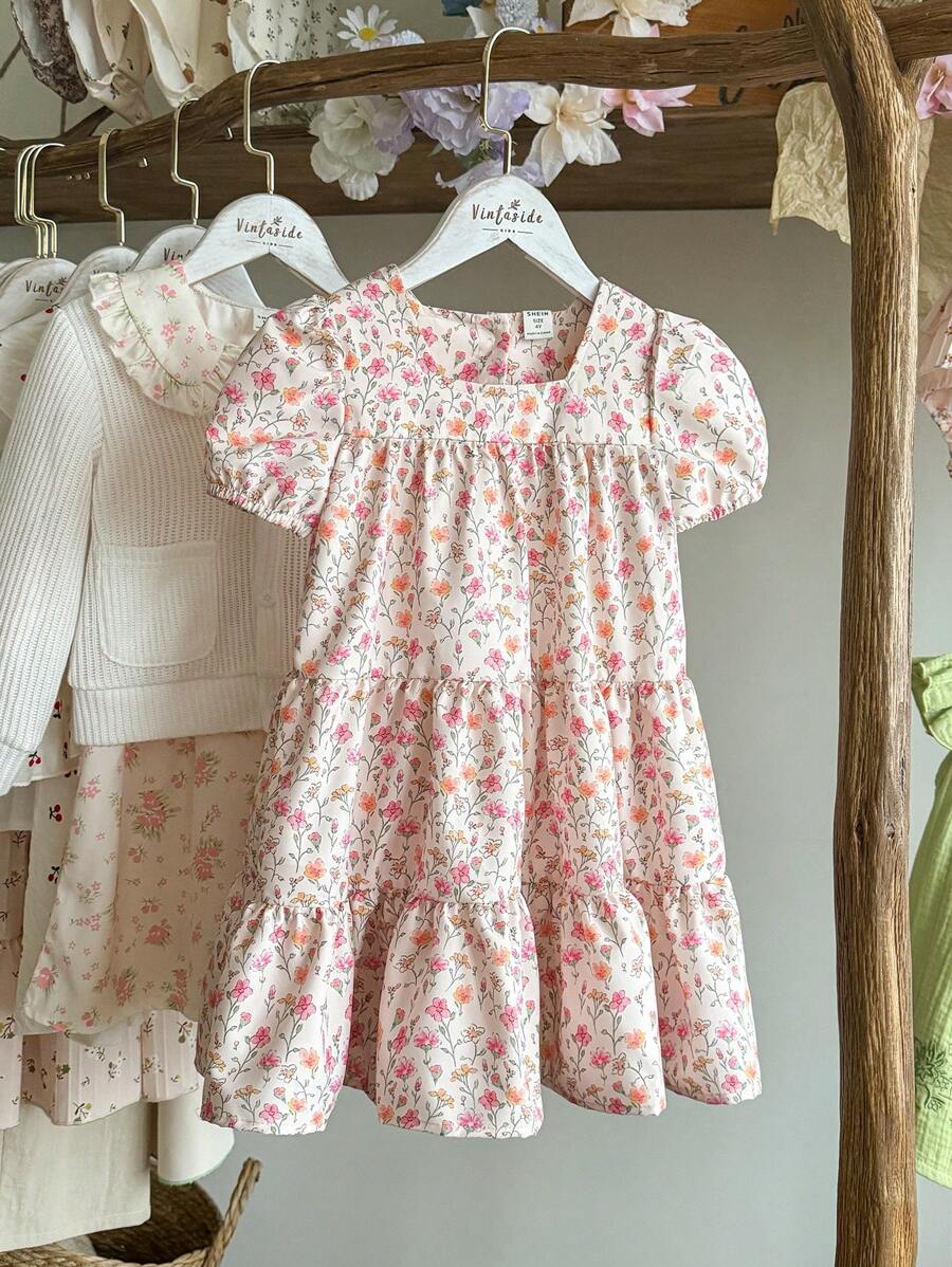 Vintaside Kids Young Girl Ditsy Floral Square Collar Puff Sleeve Cute Doll Mini Dress, Vacation Style